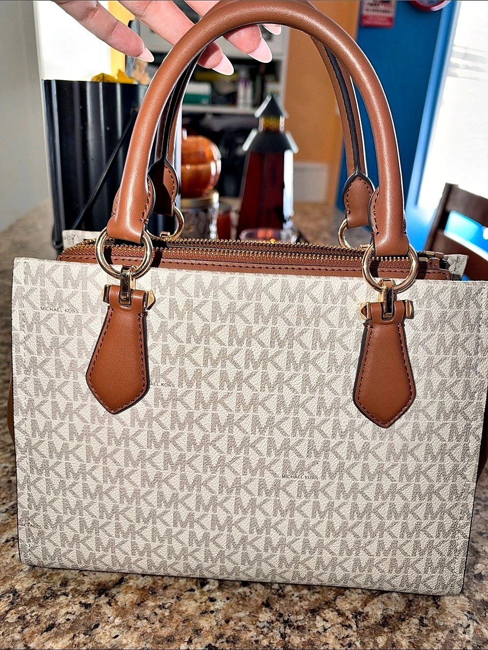 Michael Kors Marilyn Medium Logo Stripe Satchel Brown & White Tote